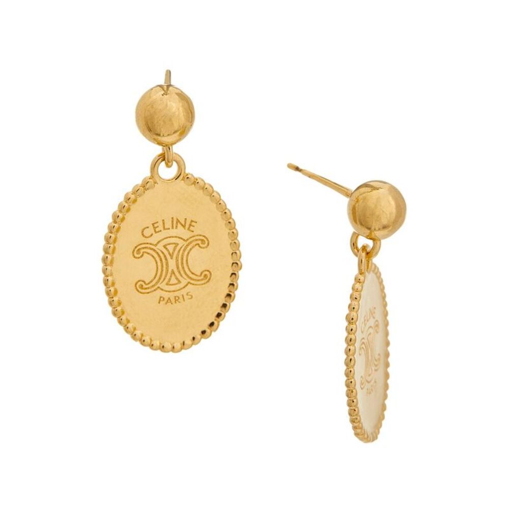 Celine Triomphe Medal Earrings, Gold